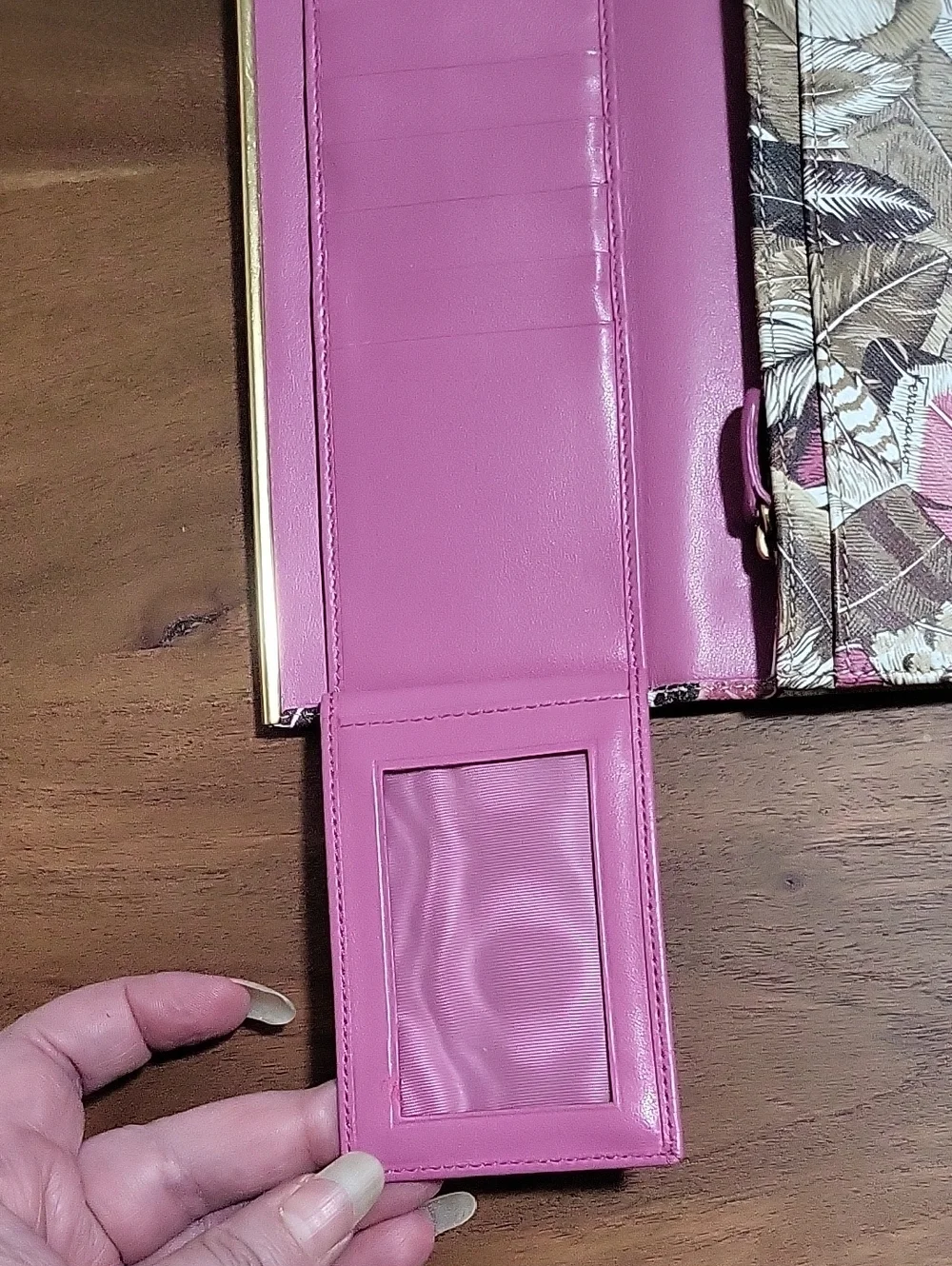 Salvatore Ferragamo Feather Print Leather Wallet in Brown, Pink & Cream - Picture 12 of 16